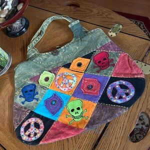 Vintage NEPAL BOHO Hippie PEACE SKULLS Patchwork Shoulder Hippie Bag